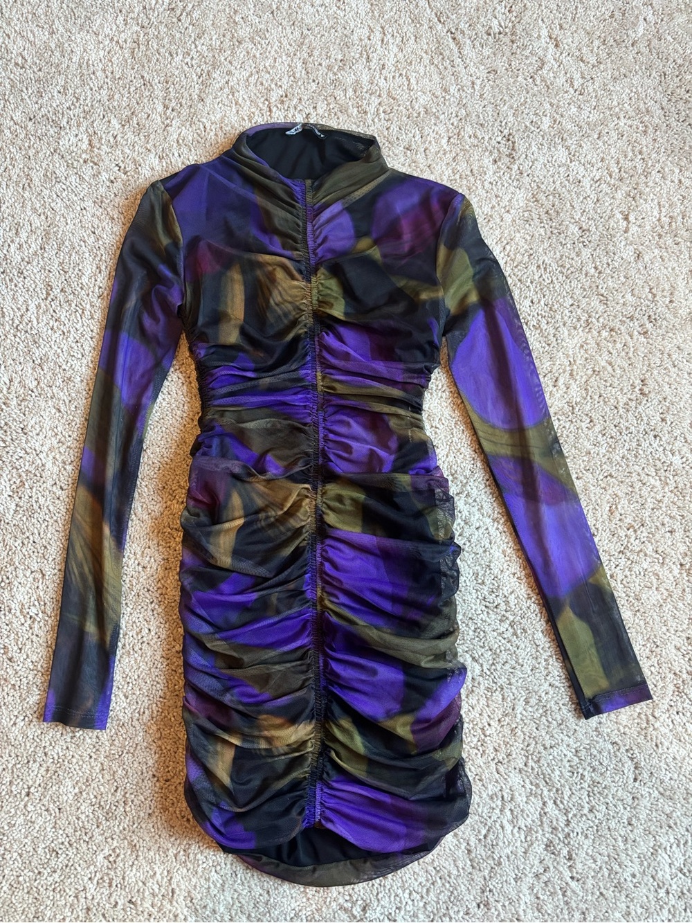 Zara Purple Olive Abstract Printed Mesh Long Sleeve Ruched Bodycon Dress Small